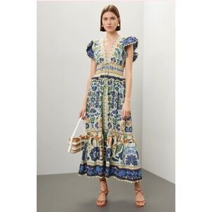 Farm Rio x Anthropologie Ocean Tapestry Maxi Dress V-neck Flutter Sleeves Small
